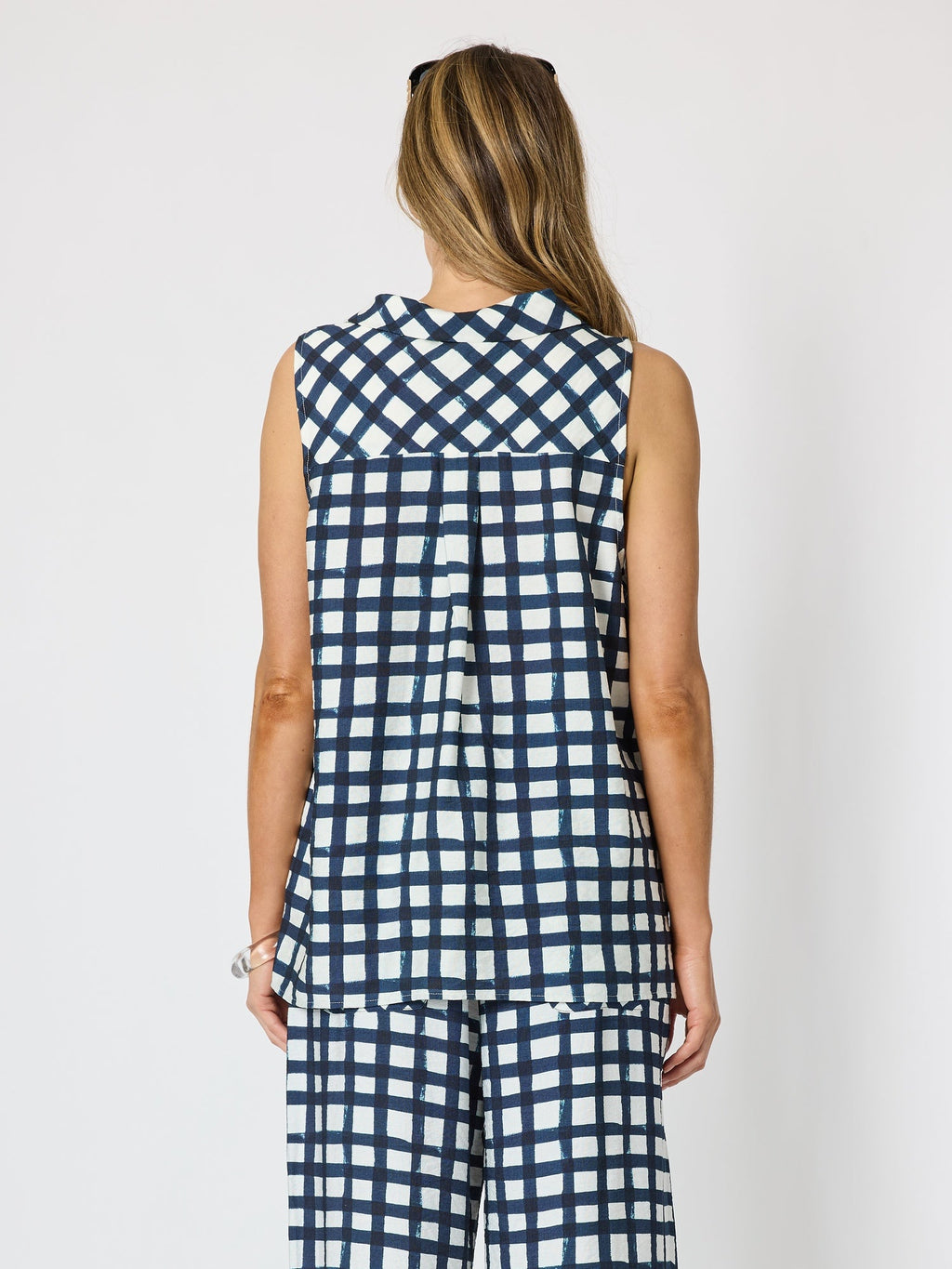 Clarity Monaco Grid Print Top - Navy/White in Navy/White