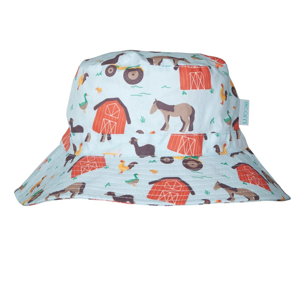 Acorn Kids Farmyard Wide Brim Bucket Hat in Blue and Multi