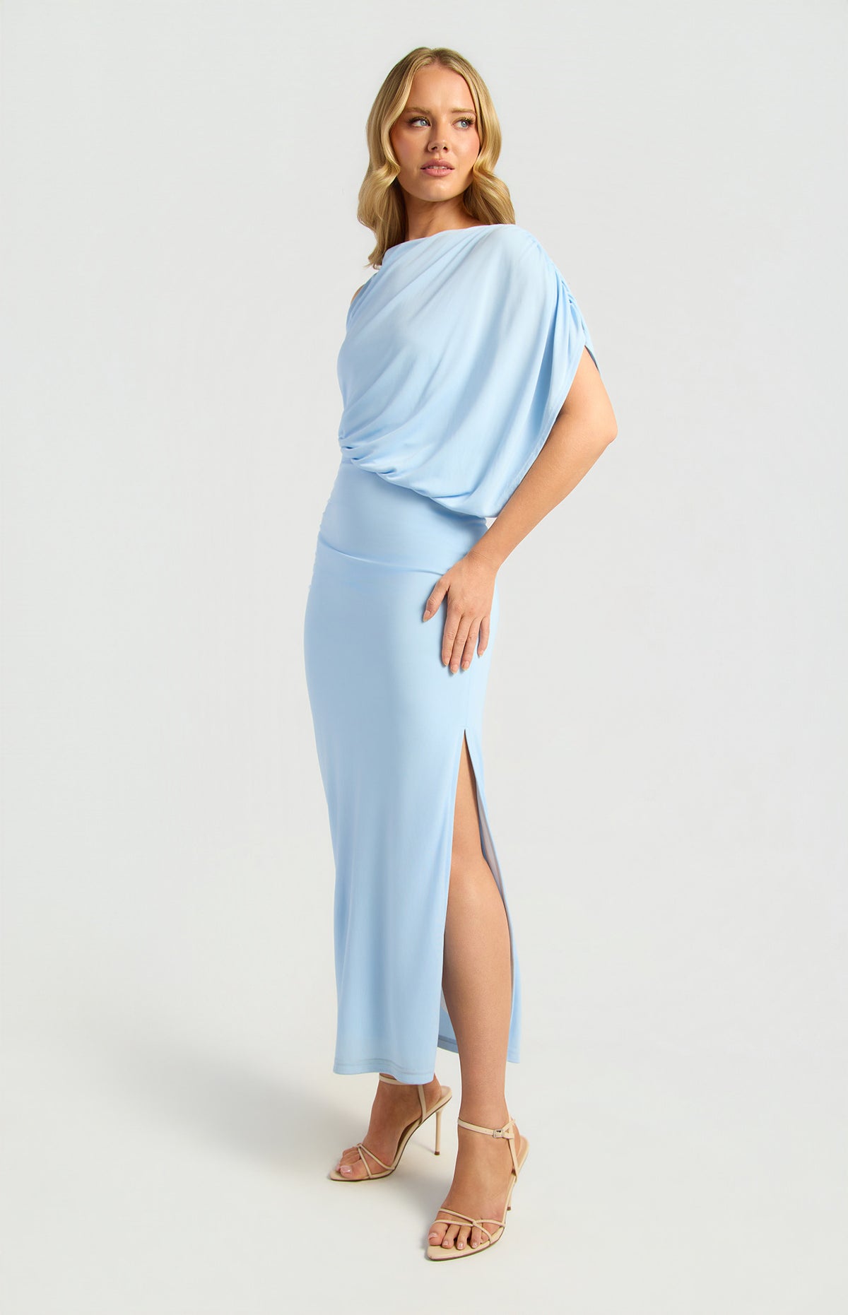 Style State - Bubble Waist Cape Sleeve Midi Dress