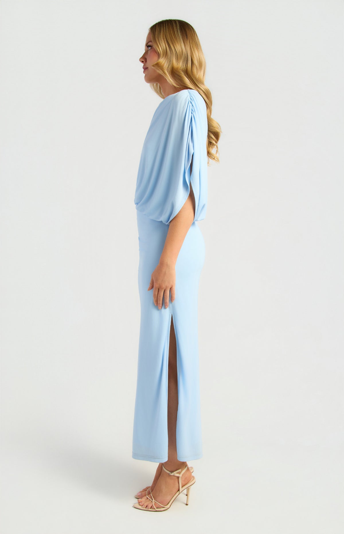 Style State - Bubble Waist Cape Sleeve Midi Dress