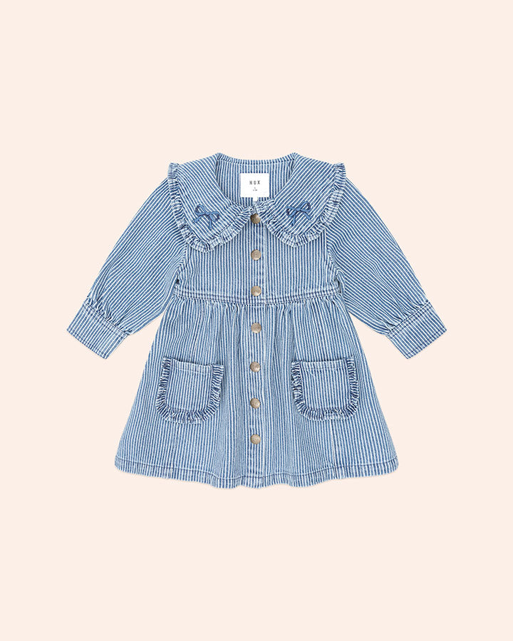 Huxbaby Vintage Bow Collar Denim Dress in BLUE STRIPE