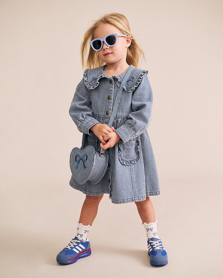Huxbaby Vintage Bow Collar Denim Dress in BLUE STRIPE