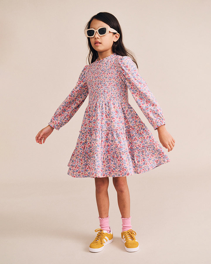 Huxbaby Vintage Floral Puff Long Sleeve Shirred Dress in DUSTY PINK MULTI