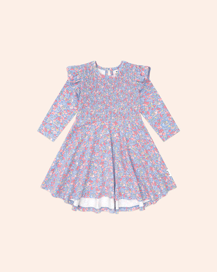 Huxbaby Vintage Floral Shirred Long Sleeve Dress in BIJOU BLUE MULTI