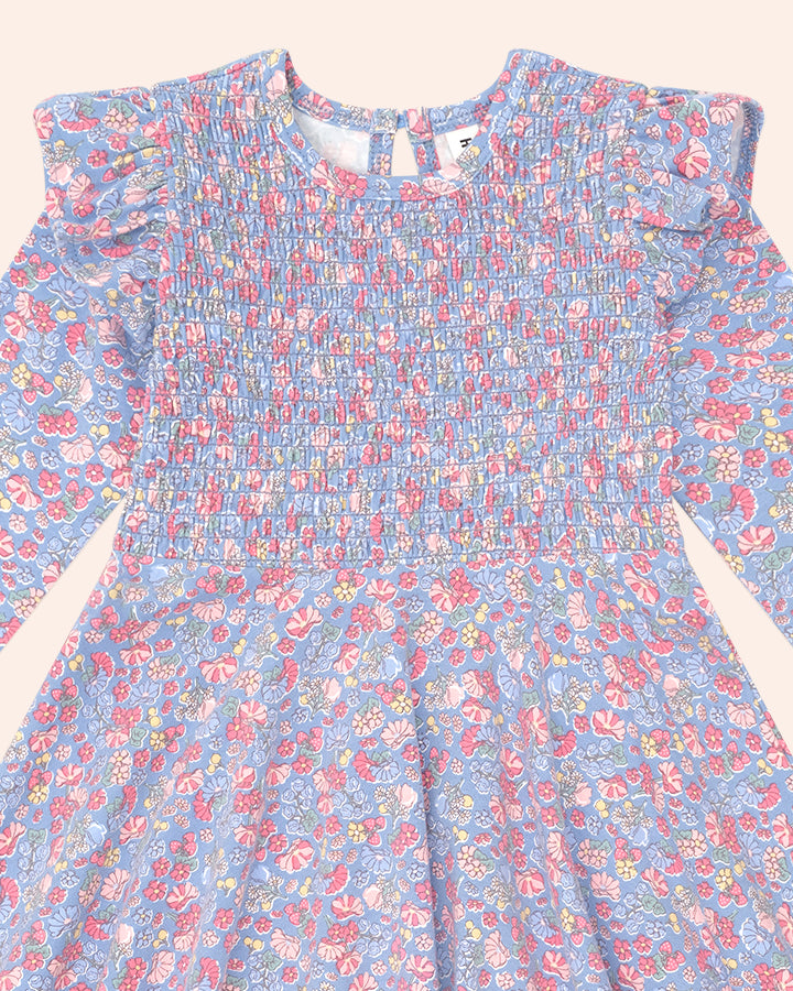 Huxbaby Vintage Floral Shirred Long Sleeve Dress in BIJOU BLUE MULTI