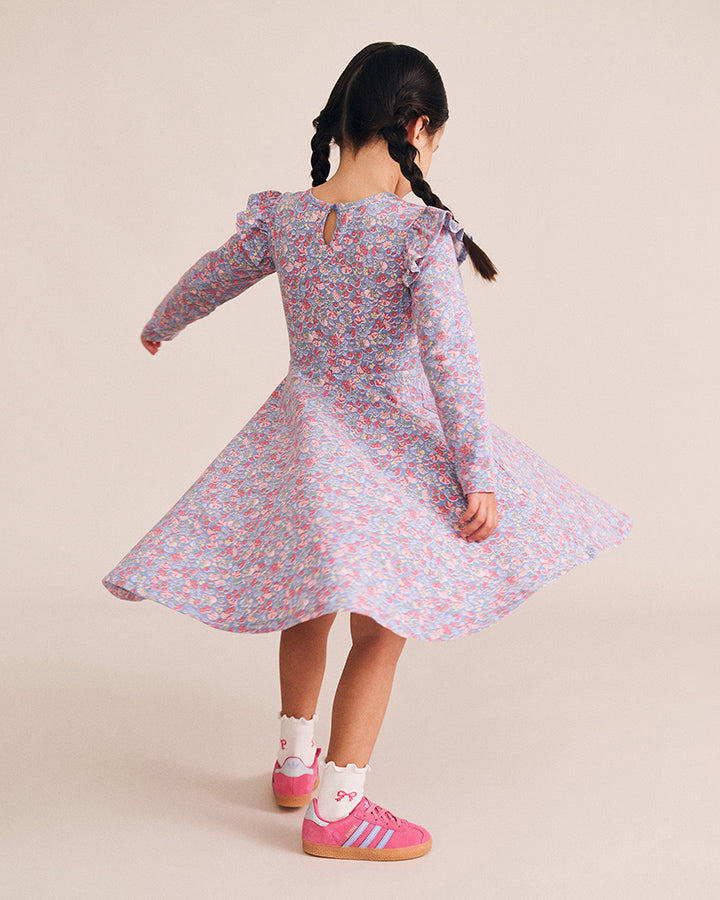Huxbaby Vintage Floral Shirred Long Sleeve Dress in BIJOU BLUE MULTI